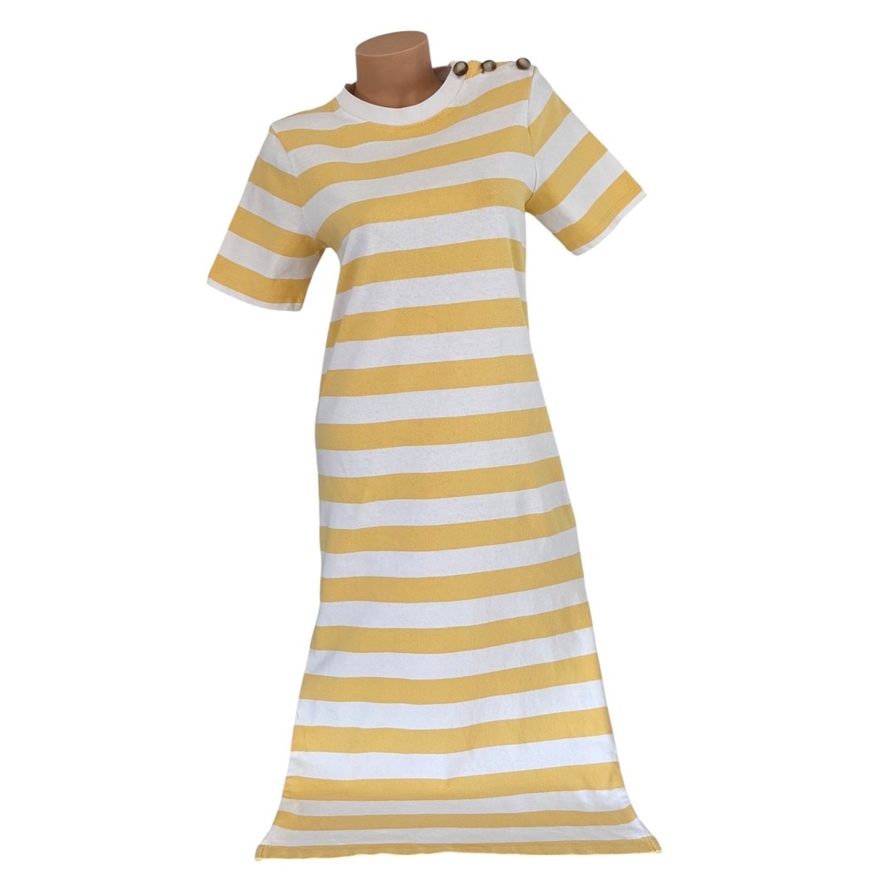 Sezane XS EMY Yellow White Striped‎ Midi T-Shirt Dress Shoulder Button Side Slit